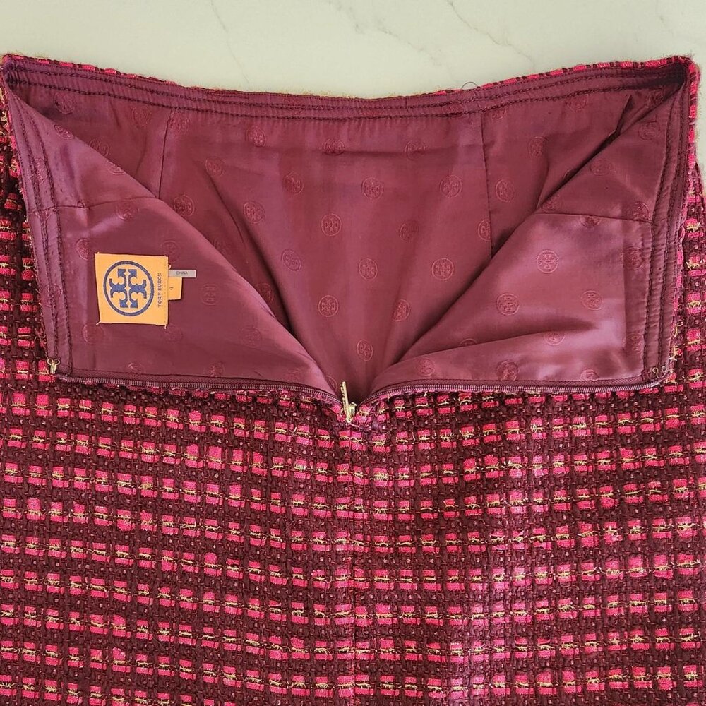 Tory Burch Wool Blend Sz 4 Basketweave Ribbon Plaid Pencil Skirt Pink Tweed Work - Picture 8 of 10